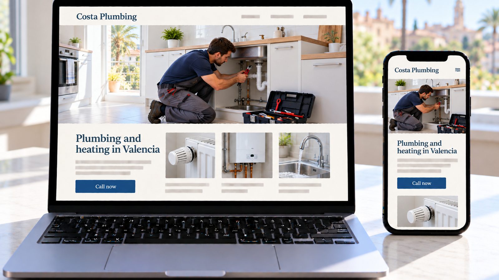 Laptop and phone display the Costa Plumbing website, featuring a plumber repairing pipes beneath a kitchen sink.