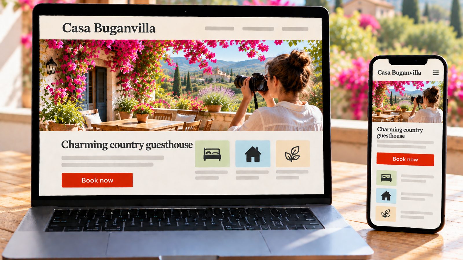 Laptop and smartphone display the Casa Buganvilla guesthouse website in desktop and mobile layouts.