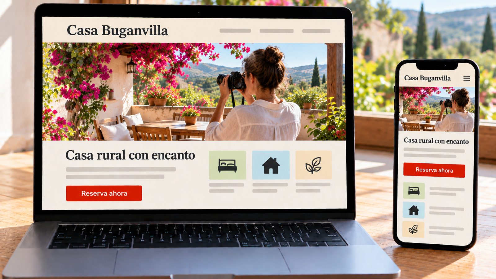 Un portátil y un móvil muestran la web de Casa Buganvilla en versiones de escritorio y móvil.