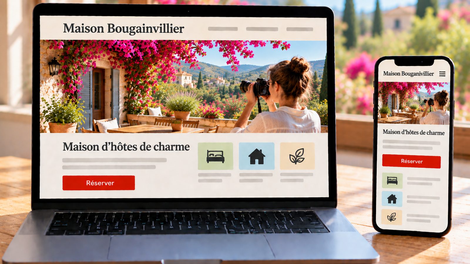 Un ordinateur et un smartphone affichent le site d'une maison d'hôtes avec une terrasse fleurie.