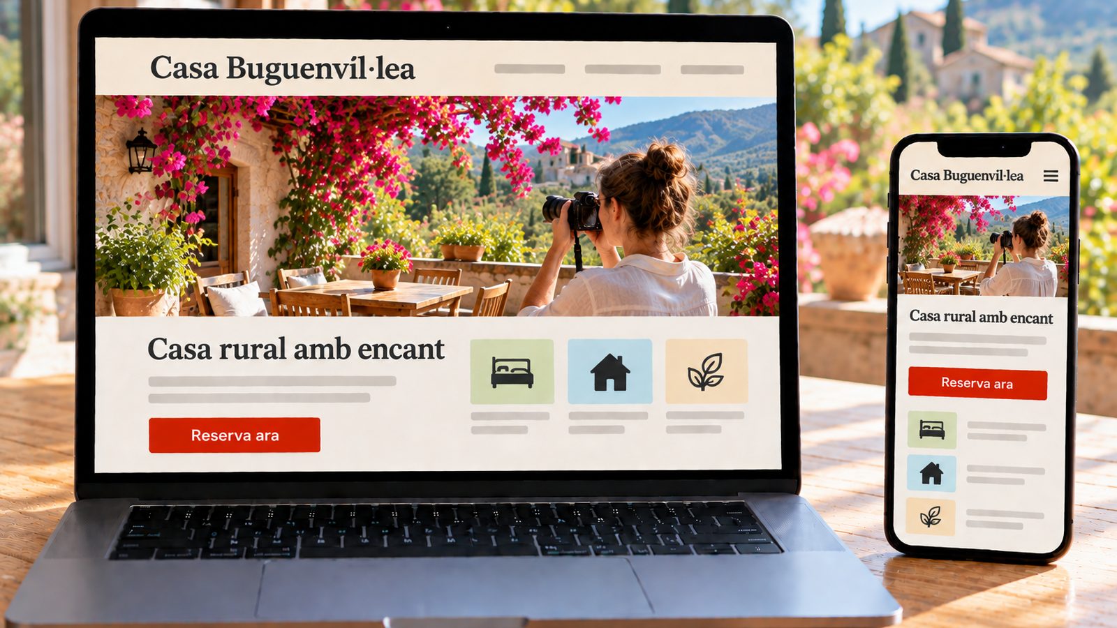 Un ordinador i un mòbil mostren la web d'una casa rural amb una terrassa florida en versions adaptades.