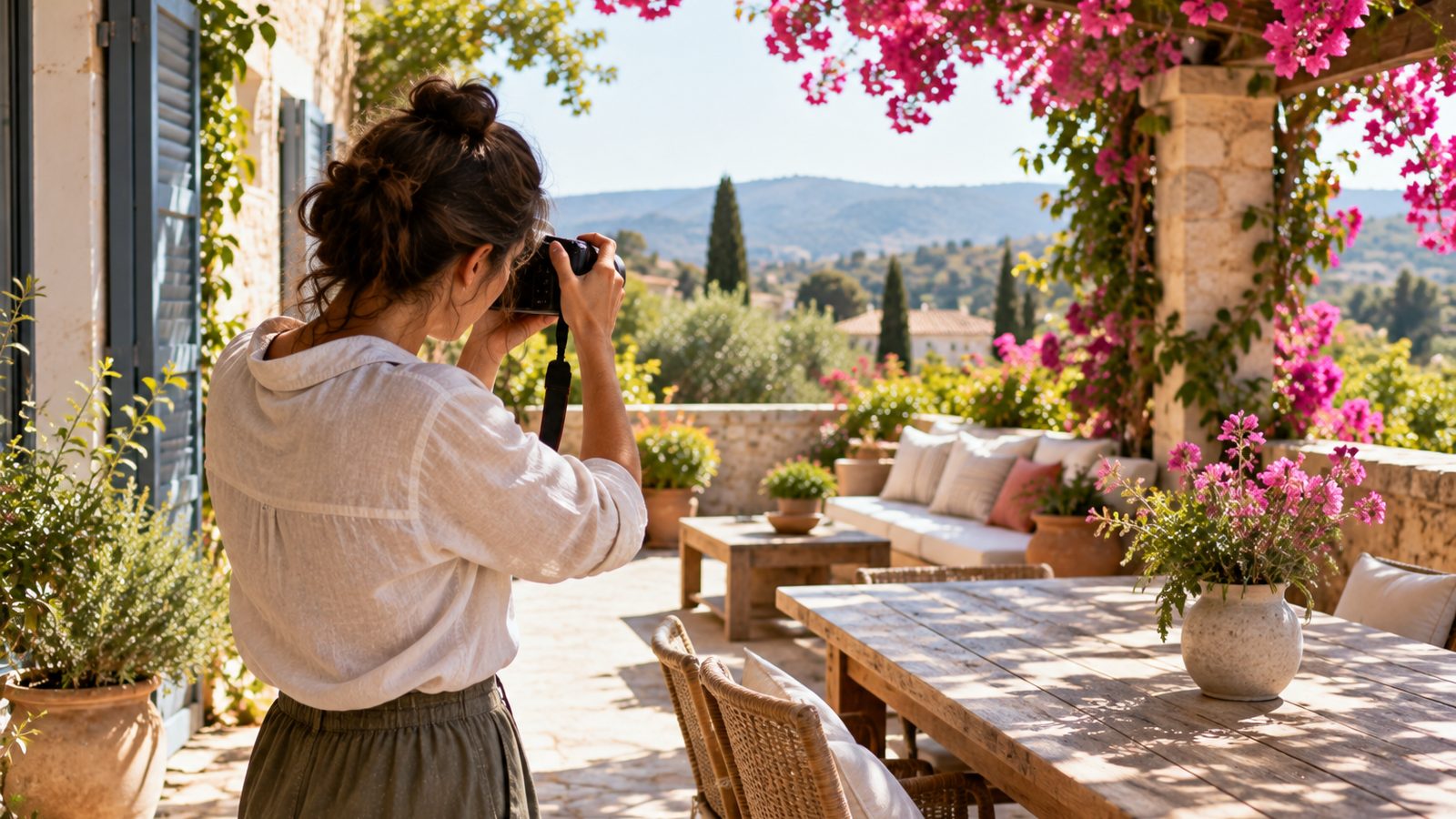 La propriétaire d'une maison d'hôtes photographie sa terrasse fleurie, avec des bougainvilliers et du mobilier extérieur au soleil.