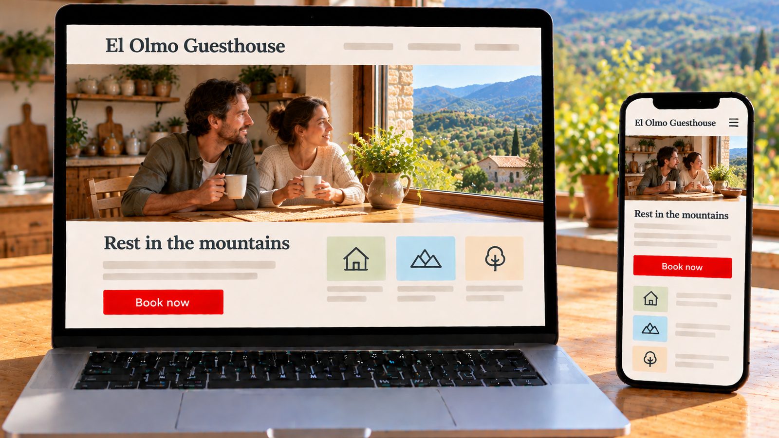 A laptop and smartphone display the El Olmo Guesthouse website in desktop and mobile layouts.