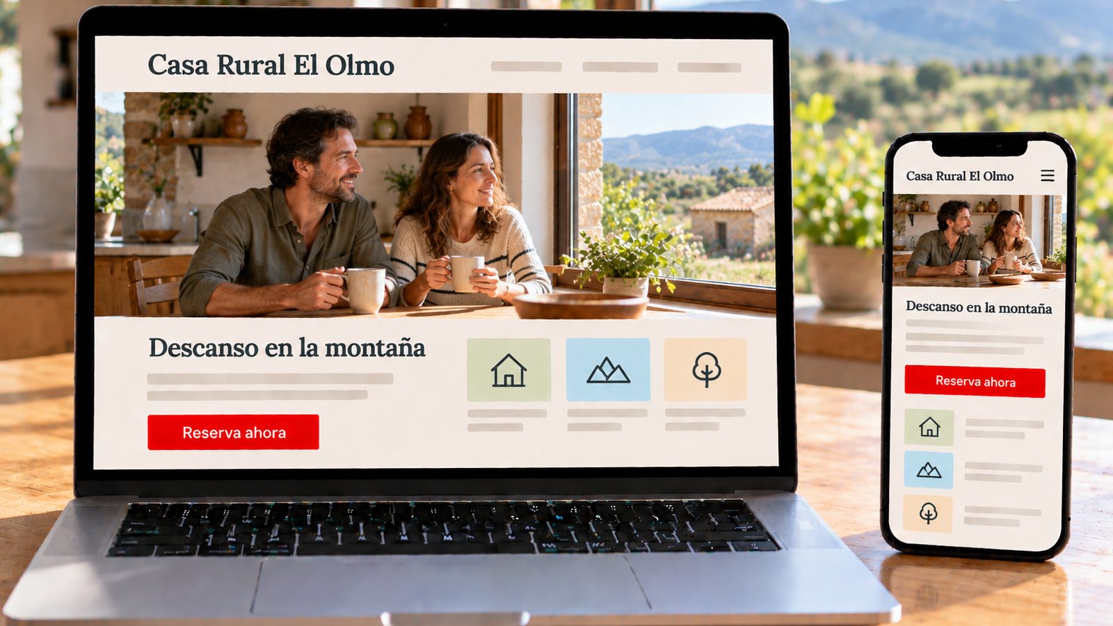 Un portátil y un móvil muestran la web de Casa Rural El Olmo en versiones de escritorio y móvil.