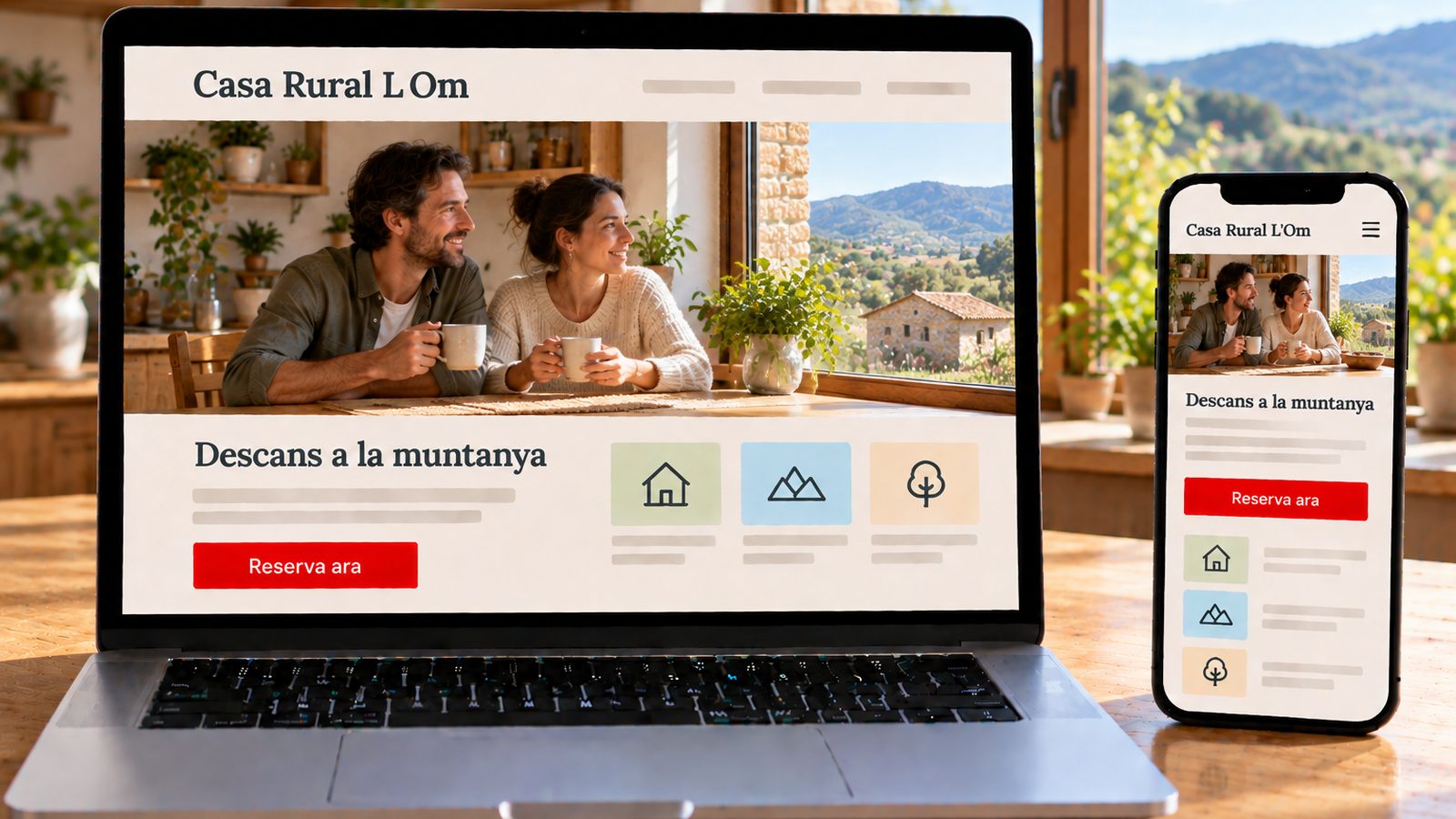 Un ordinador i un mòbil mostren la web de Casa Rural L'Om en versions d'escriptori i mòbil.