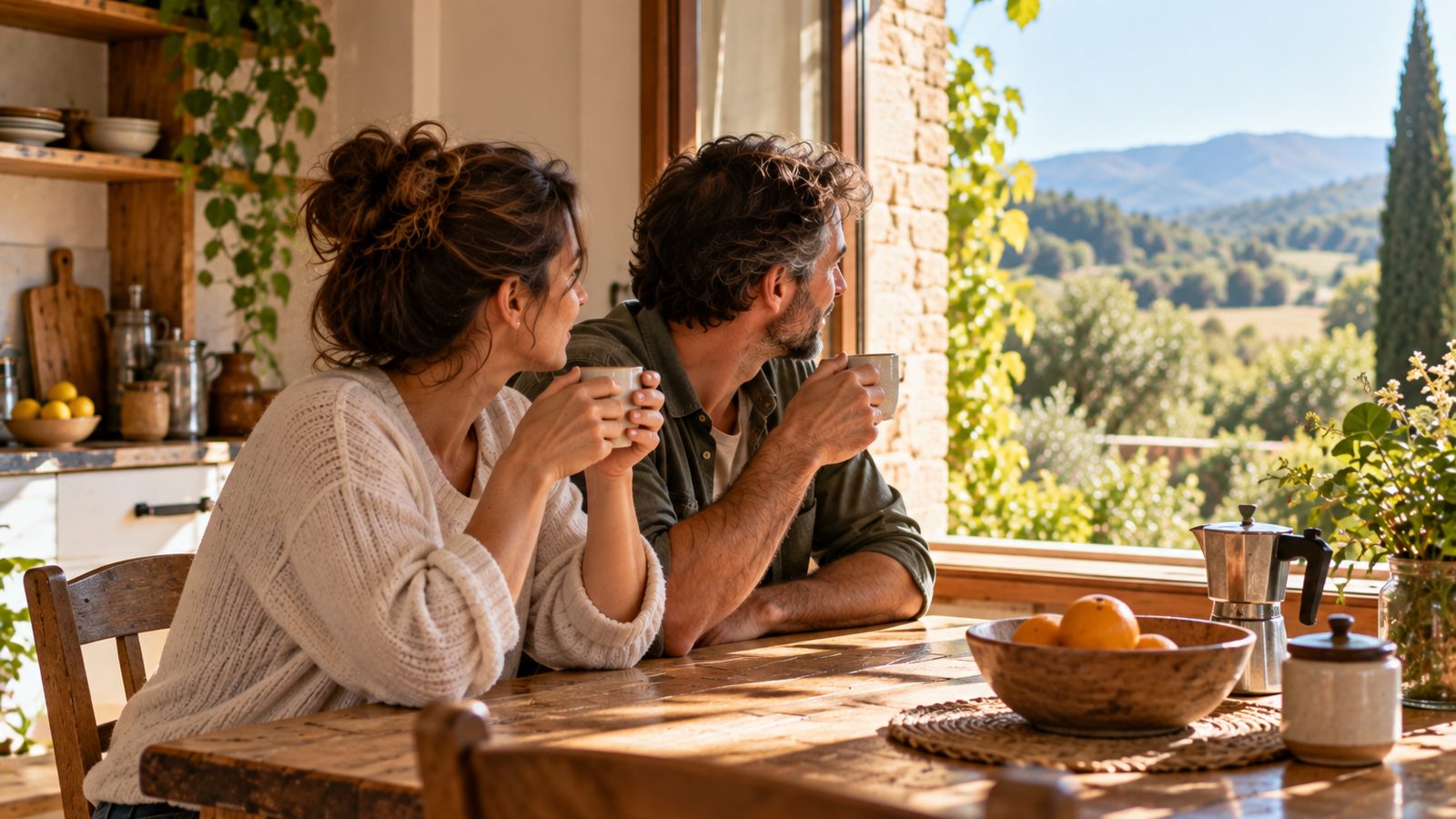 Una pareja propietaria de una casa rural toma café en la cocina mientras contempla el paisaje soleado desde la ventana.