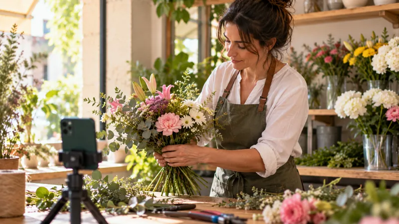 Una florista prepara un ramo de temporada en su mostrador, con un teléfono sobre un pequeño trípode en primer plano.