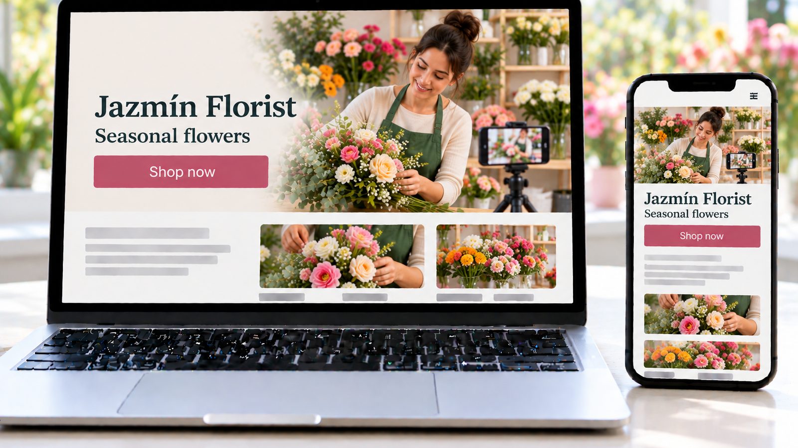 A laptop and smartphone display a florist website featuring a florist arranging a seasonal bouquet beside a tripod-mounted phone.
