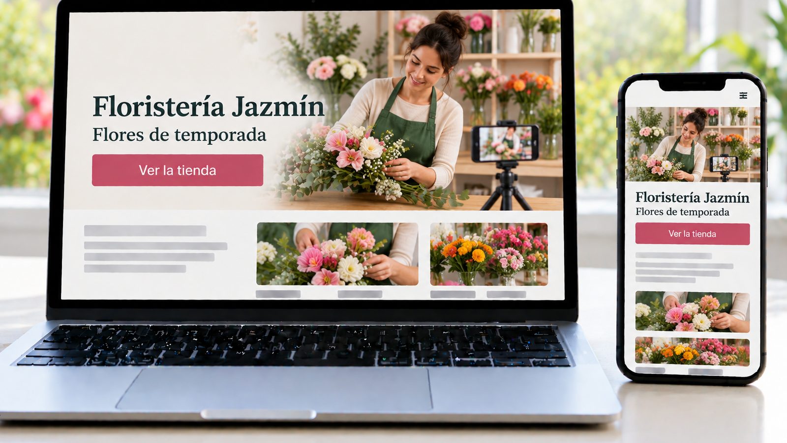 Un portátil y un móvil muestran la web de una floristería con una profesional preparando un ramo de temporada.