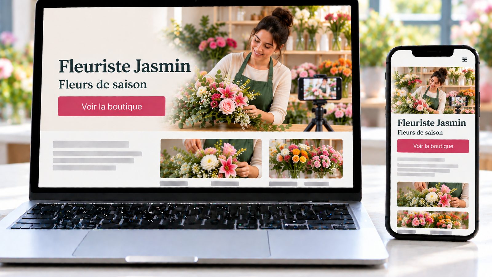 Un ordinateur portable et un smartphone affichent le site d’une fleuriste qui compose un bouquet de saison.