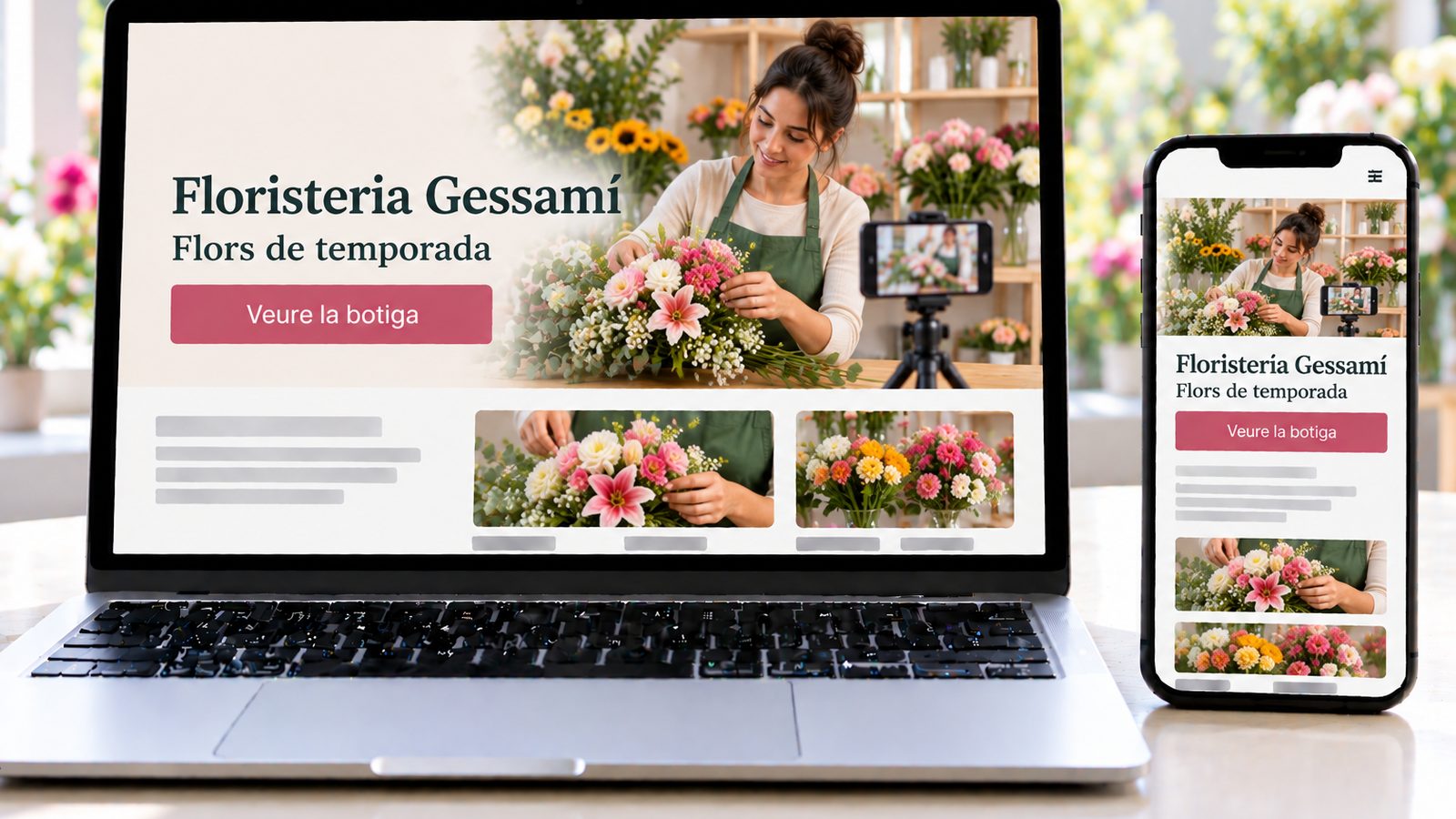 Un portàtil i un mòbil mostren la web d’una floristeria amb una professional preparant un ram de temporada.