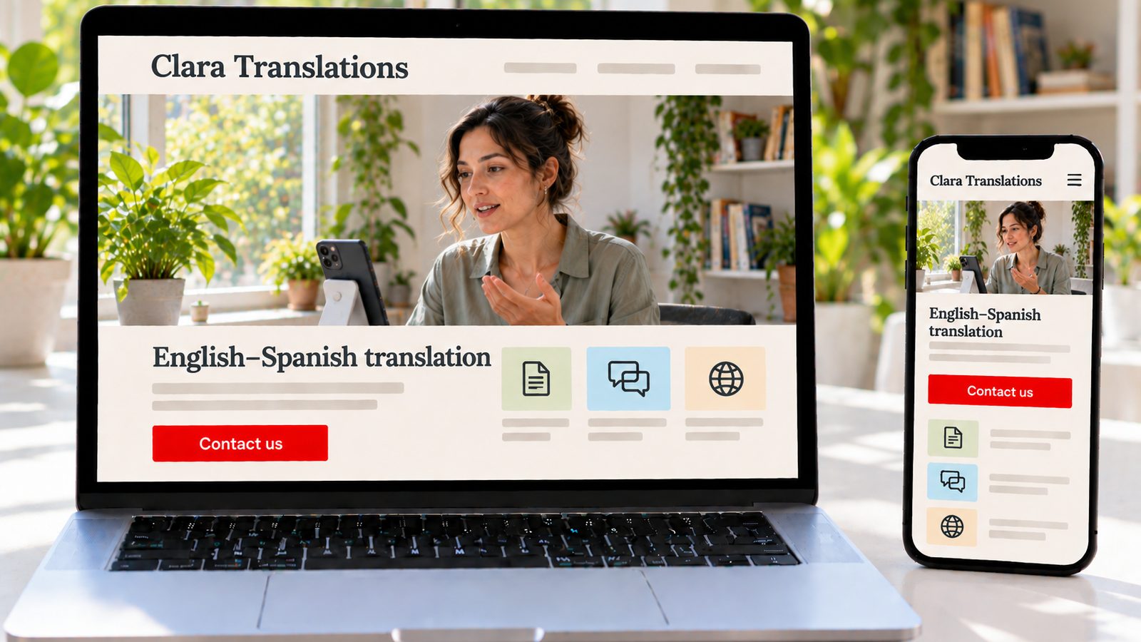 A laptop and smartphone display the Clara Translations website in desktop and mobile layouts.