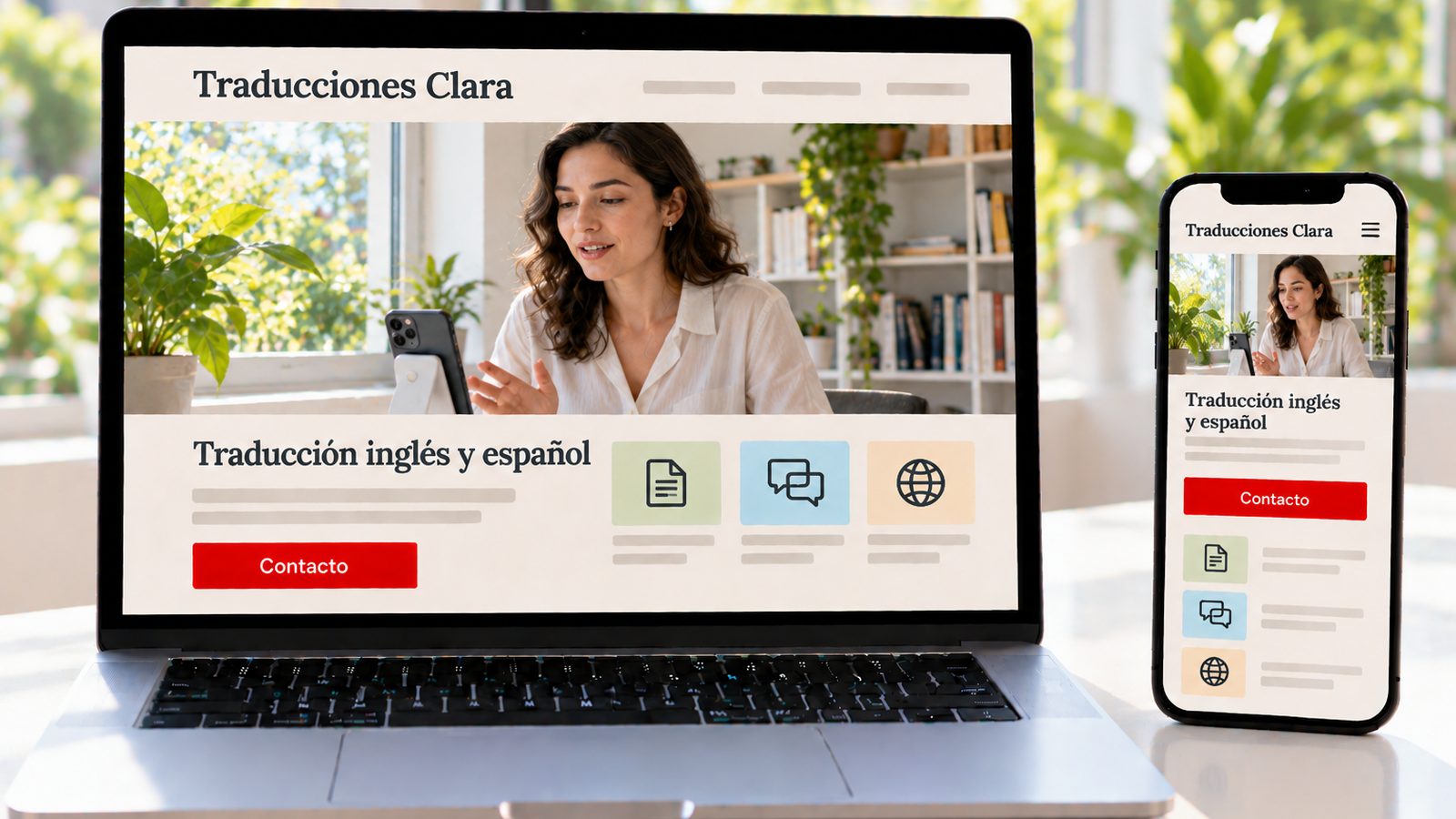 Un portátil y un móvil muestran la web de Traducciones Clara en versiones de escritorio y móvil.