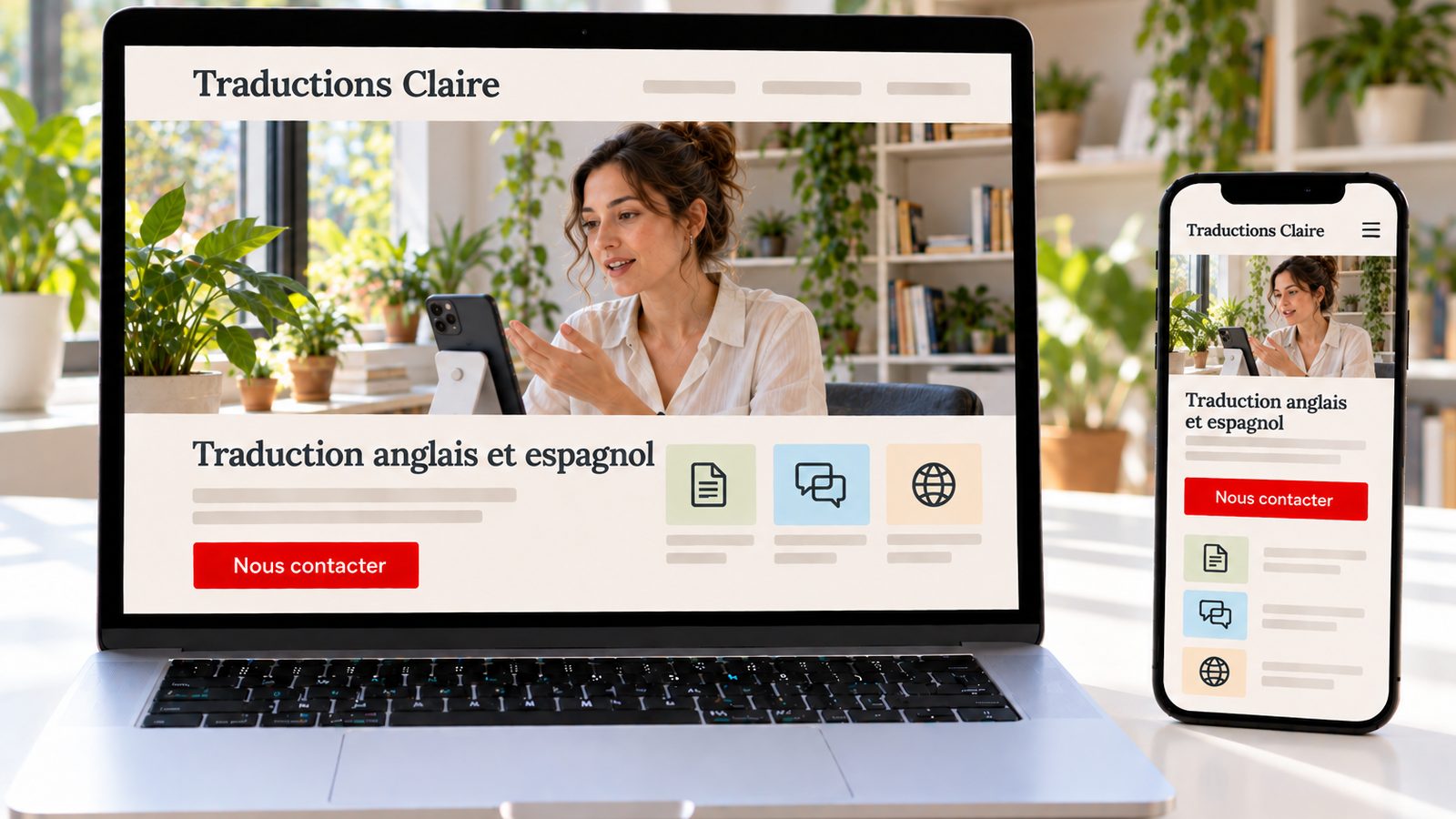 Un ordinateur et un smartphone affichent le site Traductions Claire en versions ordinateur et mobile.