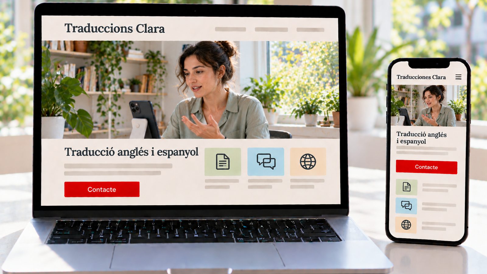 Un ordinador i un mòbil mostren la web de Traduccions Clara en versions d'escriptori i mòbil.