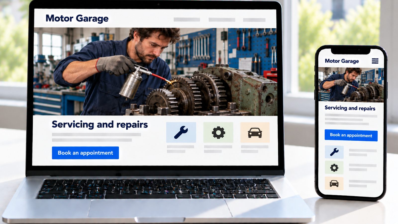 A laptop and smartphone display the Motor Garage site with a mechanic servicing gears in a workshop.