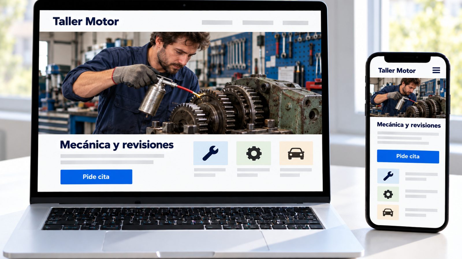 Un portátil y un móvil muestran la web de Taller Motor con un mecánico revisando una máquina.