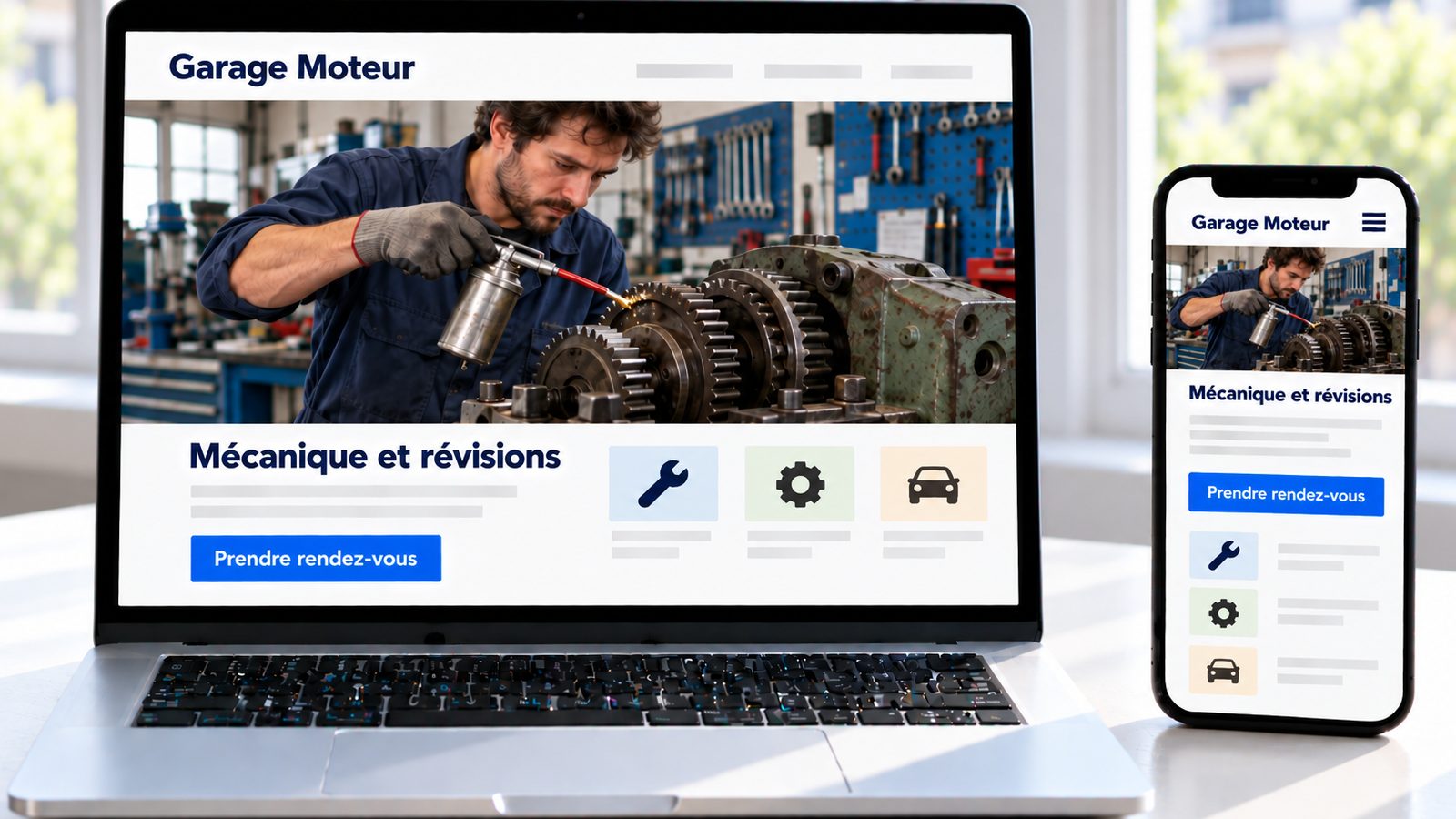 Un ordinateur et un smartphone affichent le site Garage Moteur avec un technicien entretenant des engrenages.