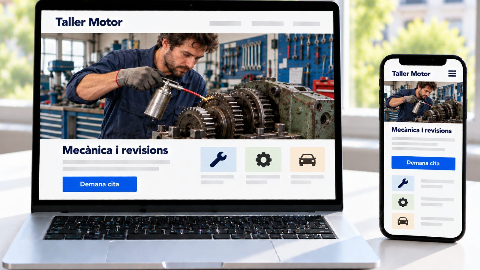 Un ordinador i un mòbil mostren la web de Taller Motor amb un mecànic revisant una màquina.