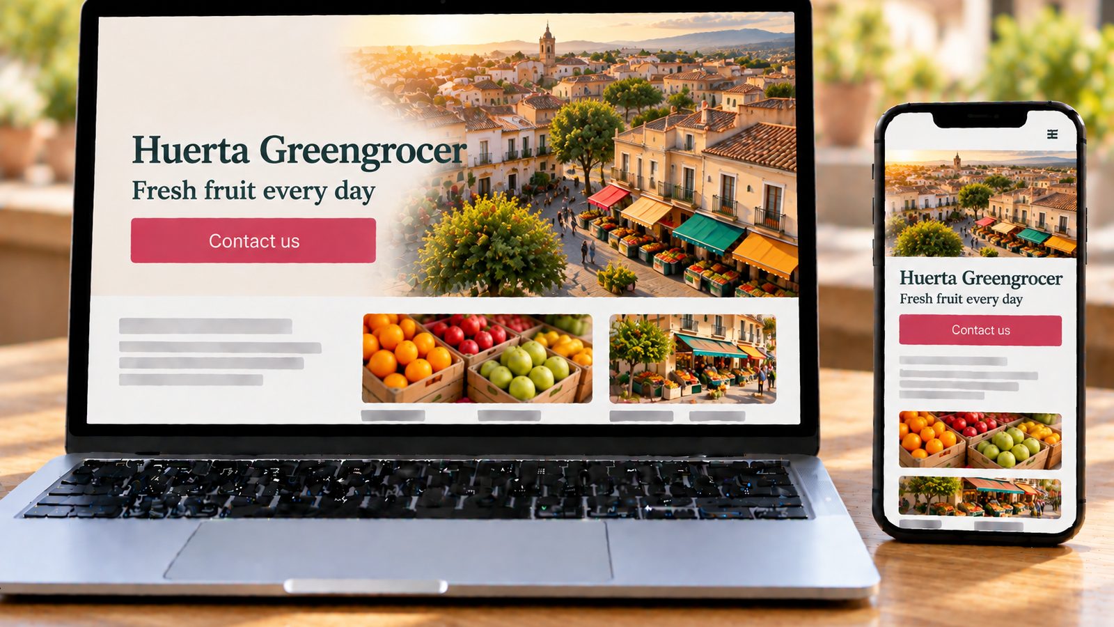 A laptop and smartphone display a greengrocer website with a sunlit Mediterranean town and colorful local shops.