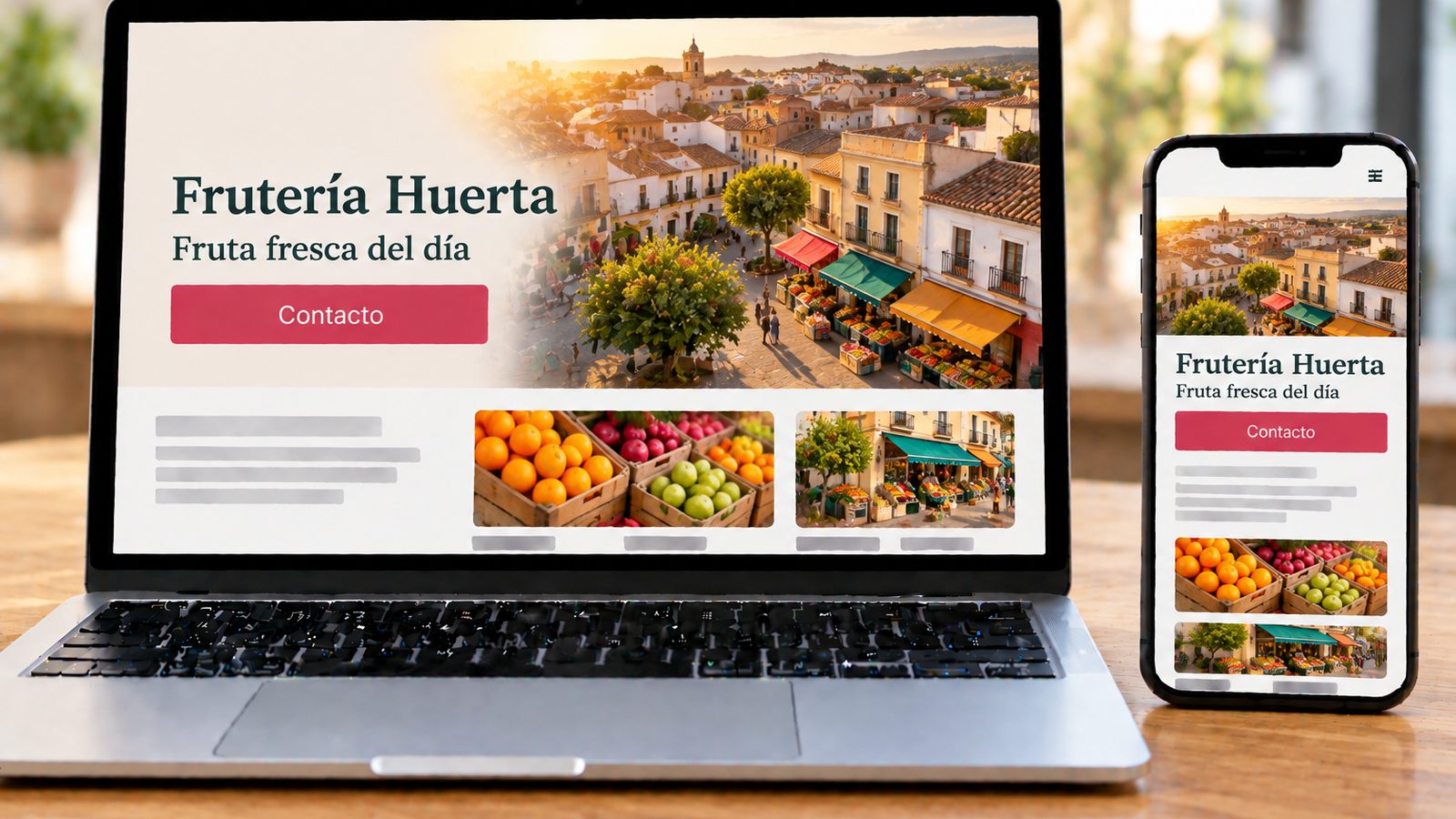 Un portátil y un móvil muestran la web de una frutería con una vista de un barrio mediterráneo y comercios locales.