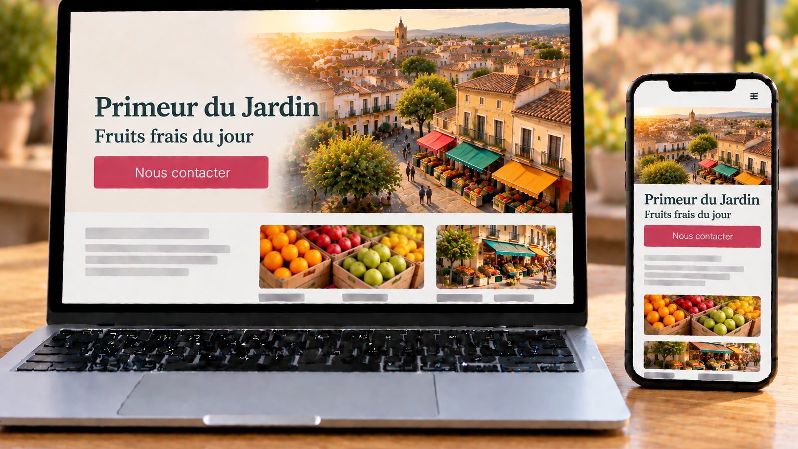 Un ordinateur portable et un smartphone affichent le site d’un primeur avec une vue de village méditerranéen et des étals colorés.
