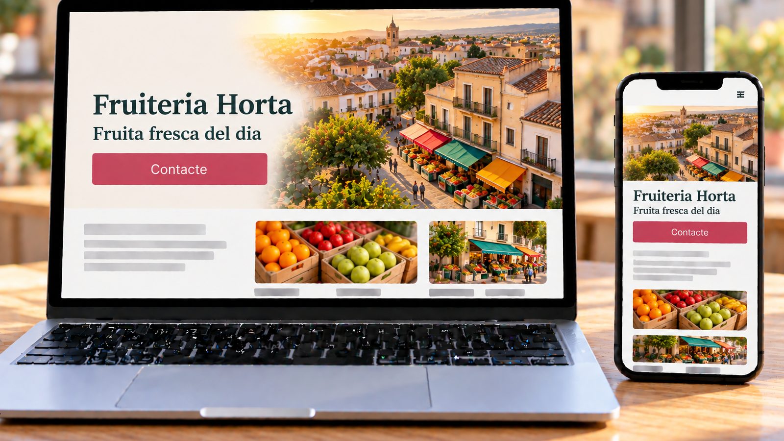 Un portàtil i un mòbil mostren la web d’una fruiteria amb una vista d’un barri mediterrani i comerços locals.