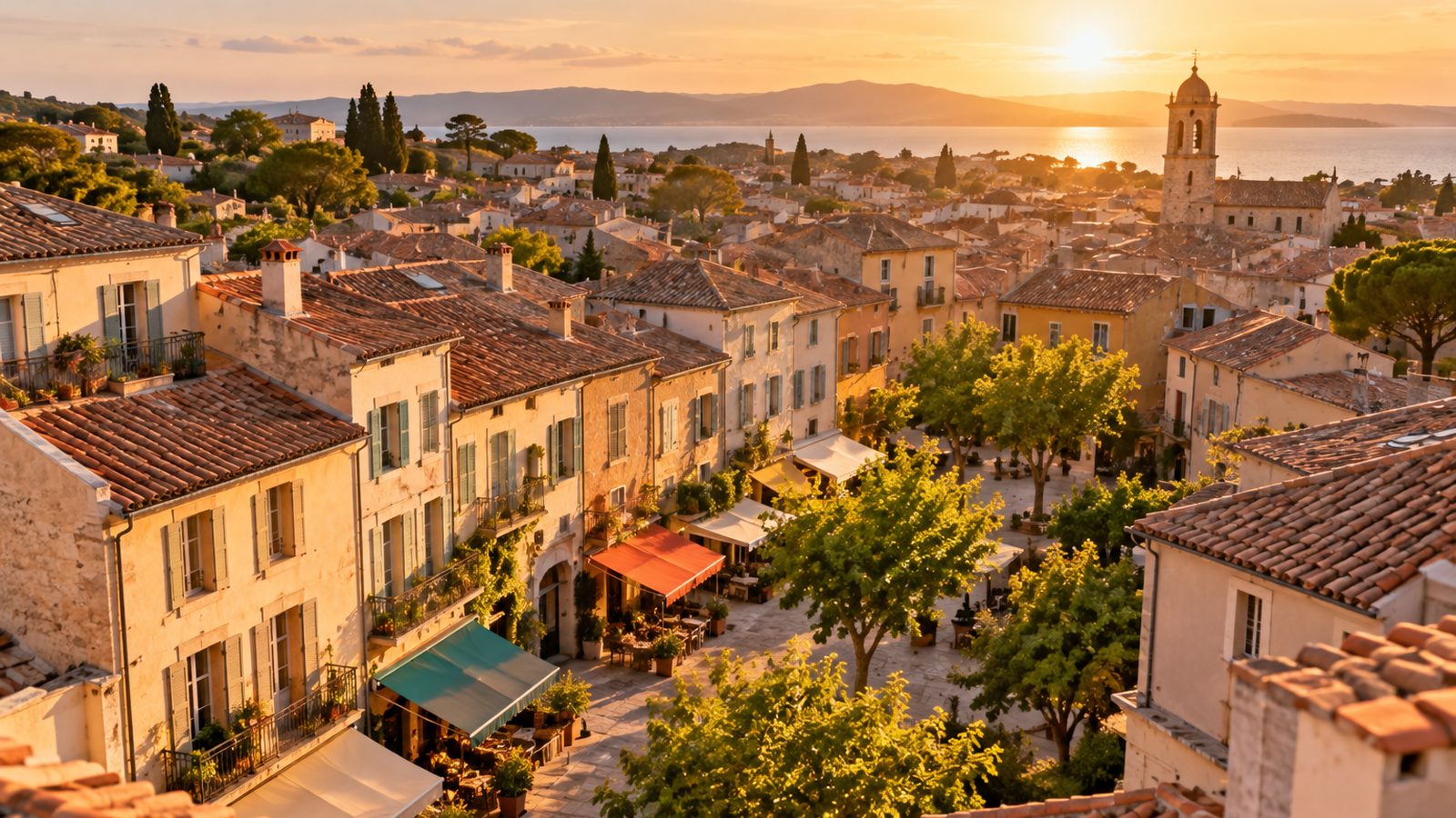 Vista elevada de un barrio mediterráneo con tejados de teja y comercios con toldos de colores al atardecer.