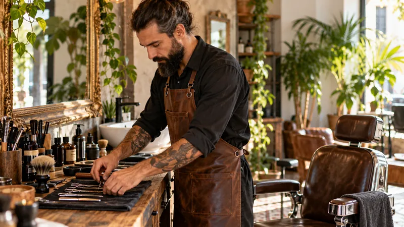 Un barbero ordena sus herramientas sobre el mostrador de un salón luminoso con plantas, espejo antiguo y sillón de cuero.