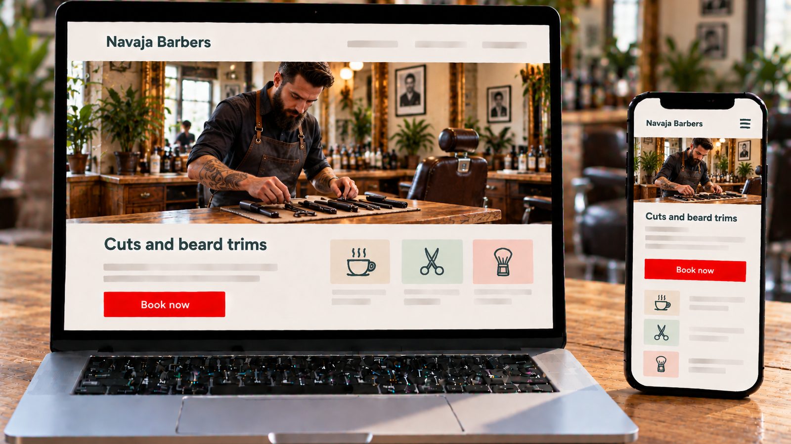 A laptop and smartphone show the Navaja Barbers website with a barber arranging tools in his salon.