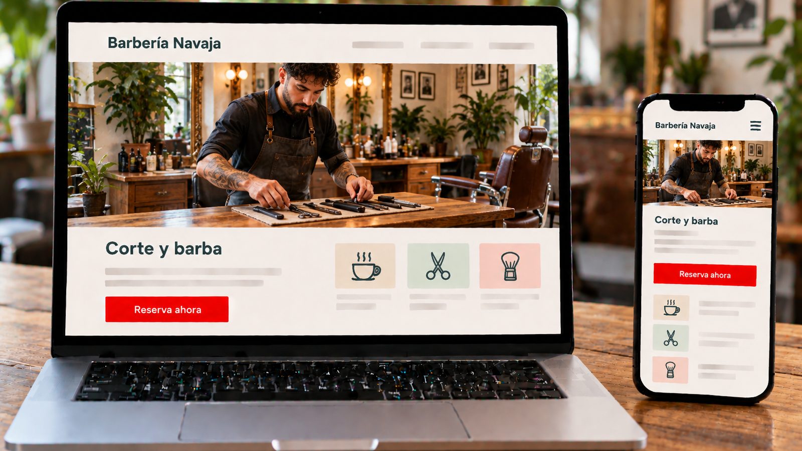 Un portátil y un móvil muestran la web de Barbería Navaja con un barbero preparando sus herramientas.
