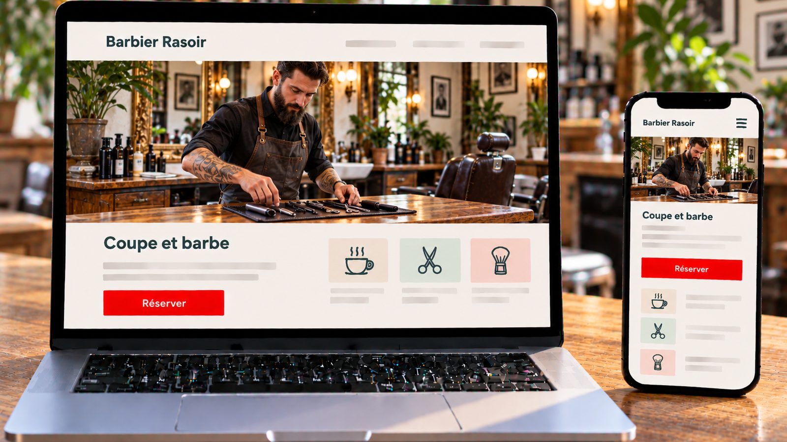 Un ordinateur et un smartphone affichent le site Barbier Rasoir avec un barbier préparant ses outils.