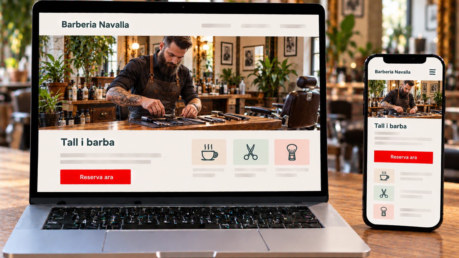 Un ordinador i un mòbil mostren la web de Barberia Navalla amb un barber preparant les seues eines.