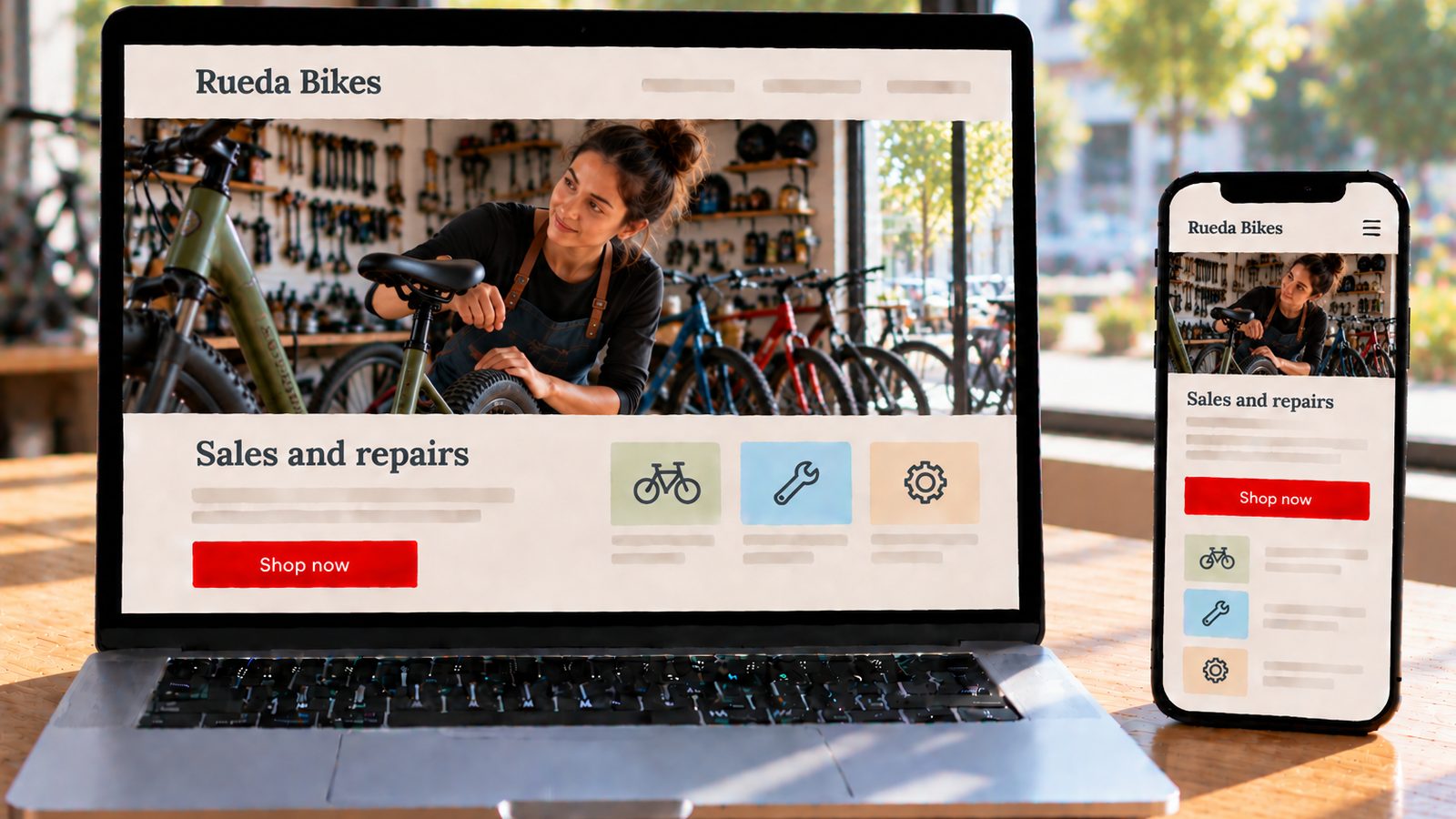 Laptop and smartphone display the Rueda Bikes website with a mechanic adjusting a bicycle saddle.