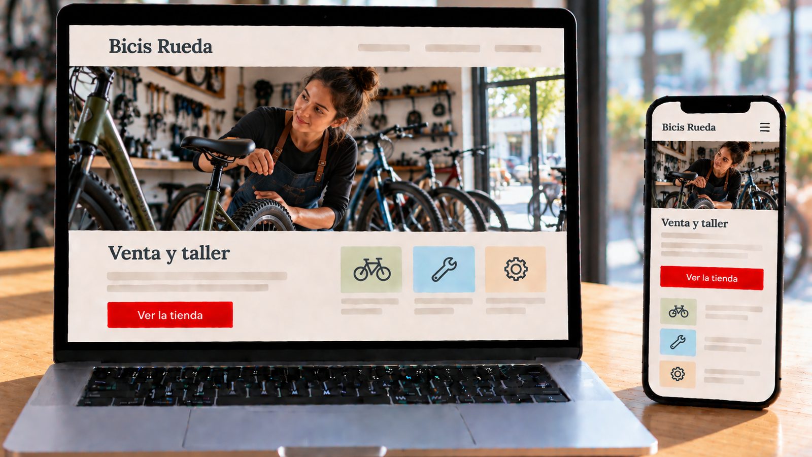 Un portátil y un móvil muestran la web de Bicis Rueda con una mujer ajustando una bicicleta.