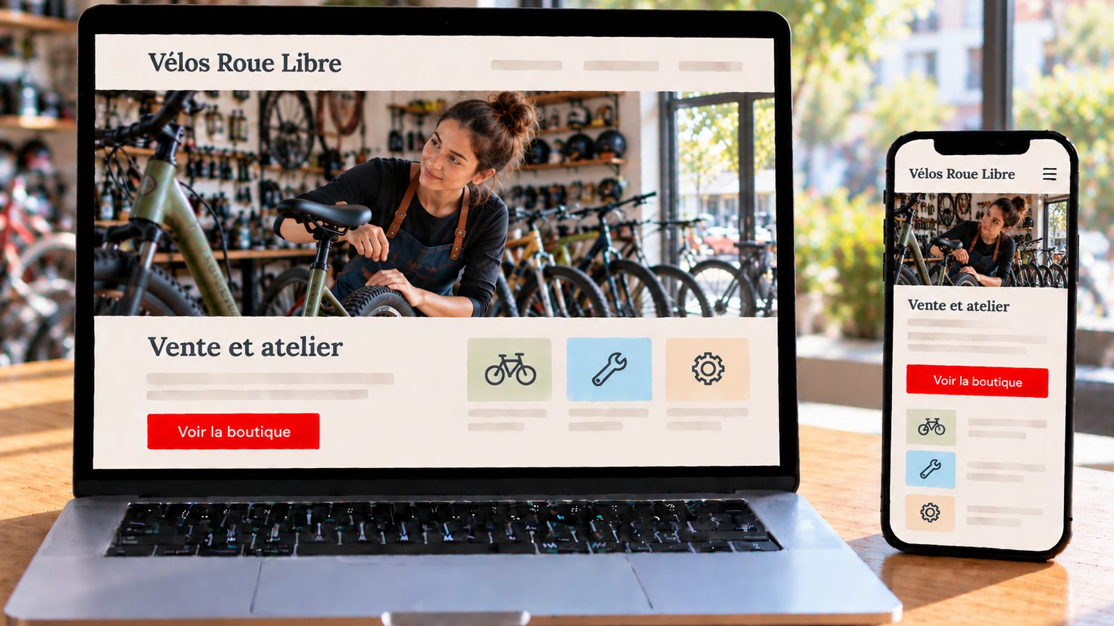 Ordinateur et smartphone affichant le site Vélos Roue Libre avec une vendeuse réglant une selle de vélo.
