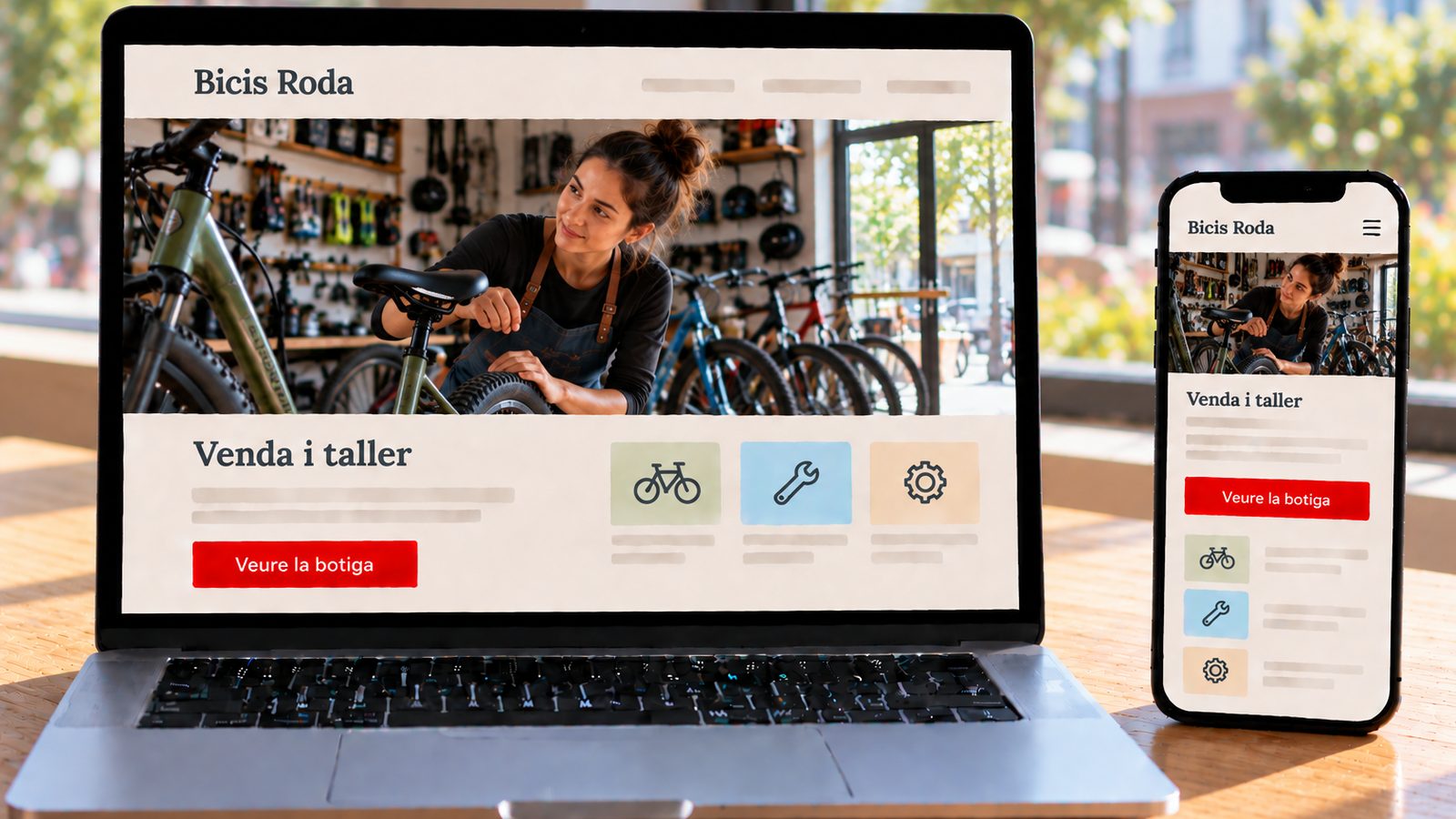 Un portàtil i un mòbil mostren la web de Bicis Roda amb una dona ajustant una bicicleta.