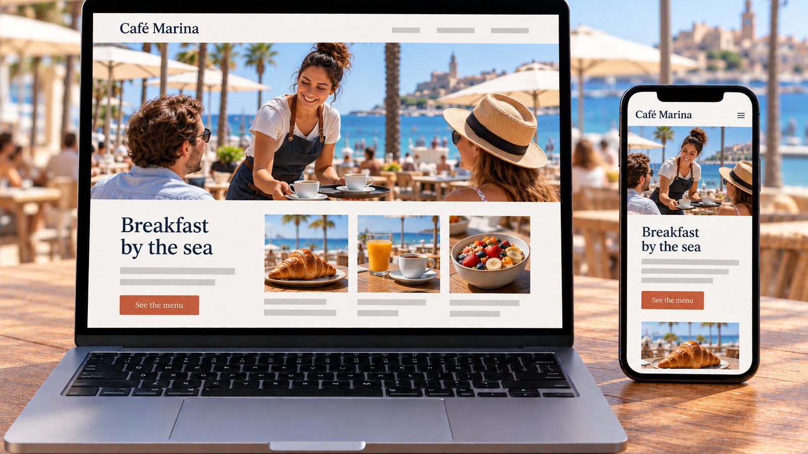 Laptop and smartphone display the same seaside café website in desktop and mobile layouts.