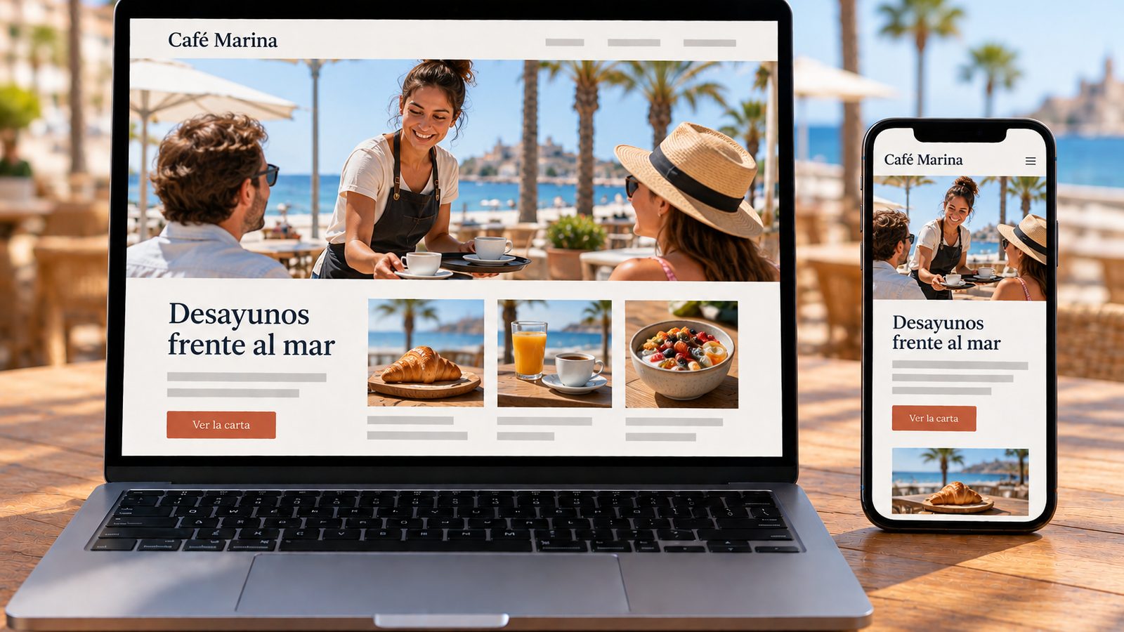 Un portátil y un móvil muestran la misma web de un café junto al mar, en versión de escritorio y móvil.