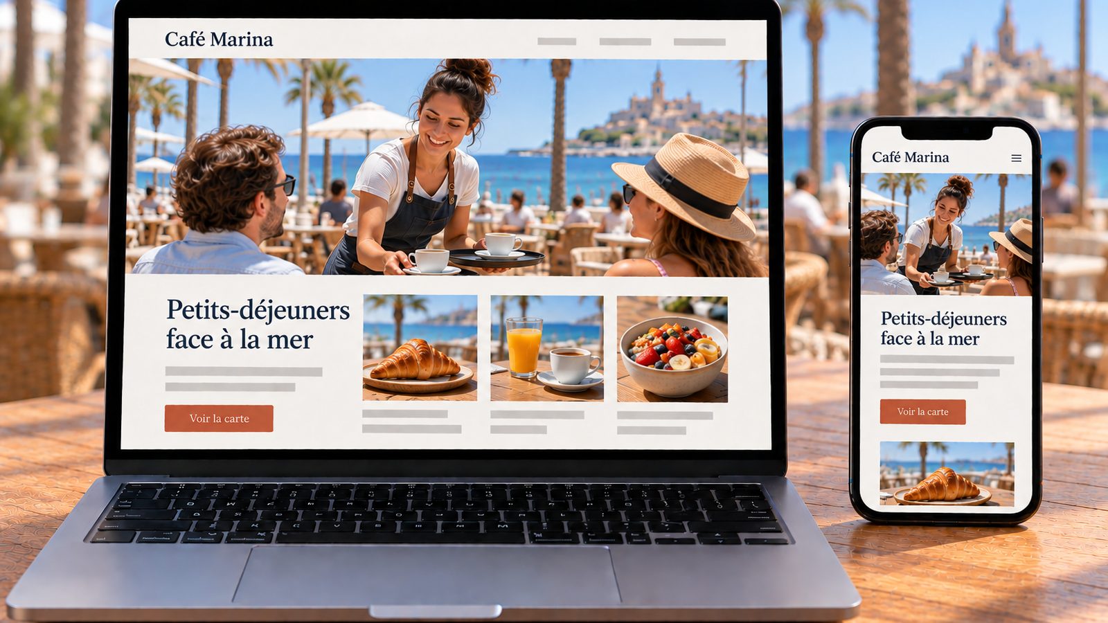 Un ordinateur portable et un smartphone affichent le même site de café en bord de mer, en versions ordinateur et mobile.
