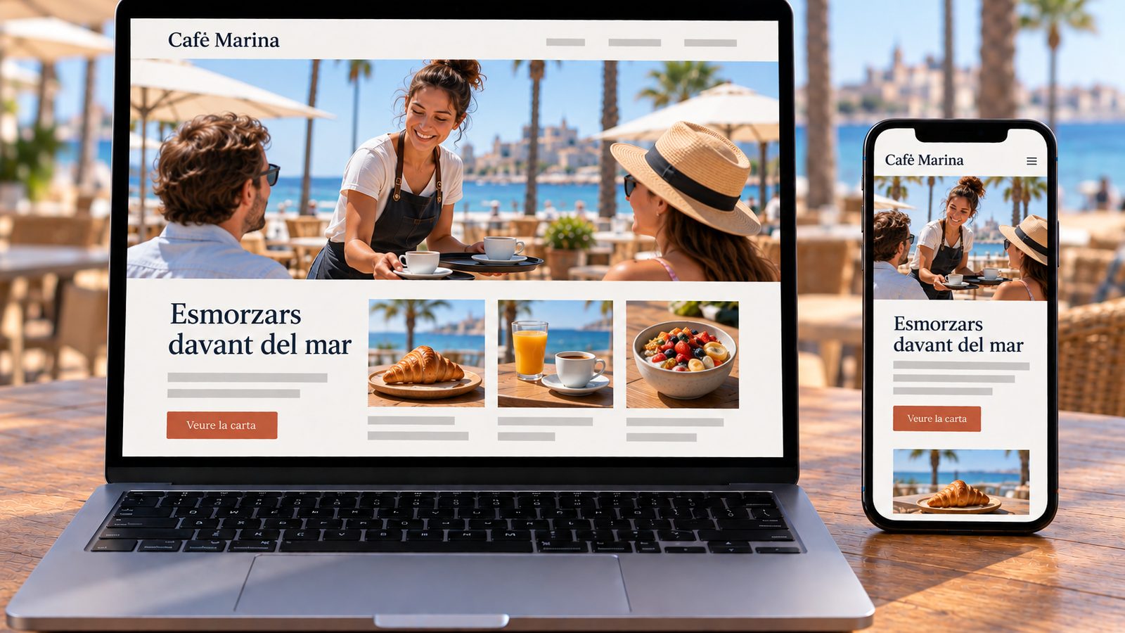 Un portàtil i un mòbil mostren la mateixa web d'un café vora la mar en versions d'escriptori i mòbil.