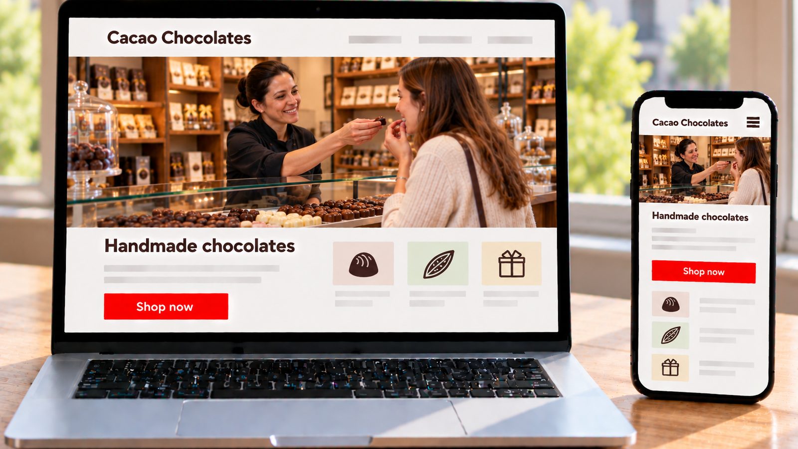 A laptop and smartphone display the Cacao Chocolates site with handmade chocolates and a chocolatier.