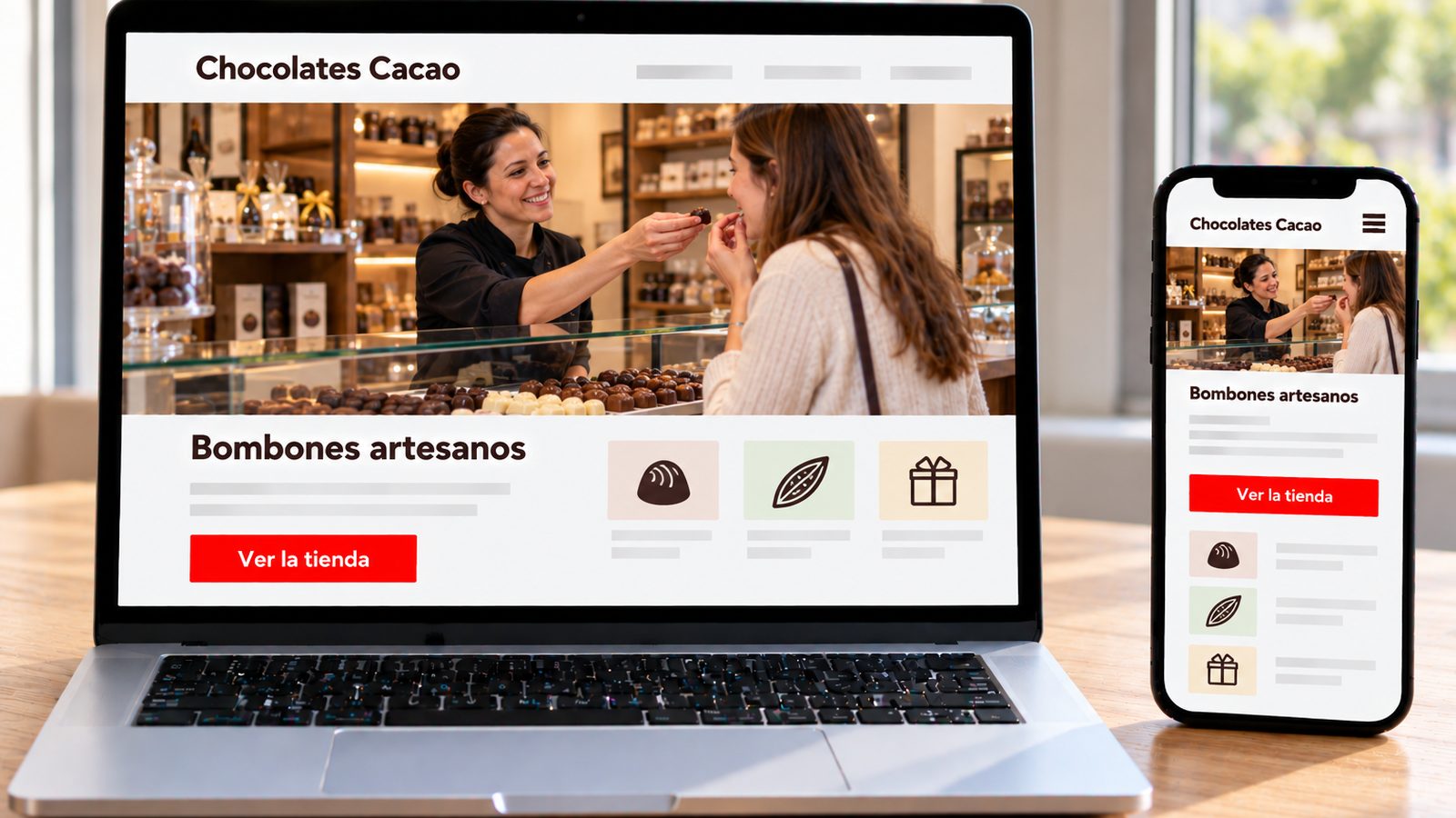Un portátil y un móvil muestran la web de Chocolates Cacao con una chocolatera y bombones.