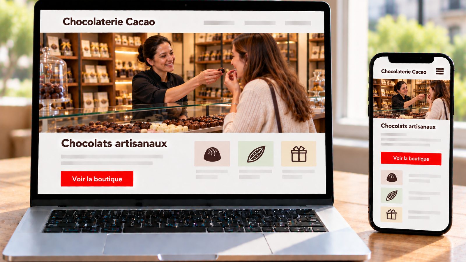 Un ordinateur et un smartphone affichent le site Chocolaterie Cacao avec une chocolatière et ses clients.