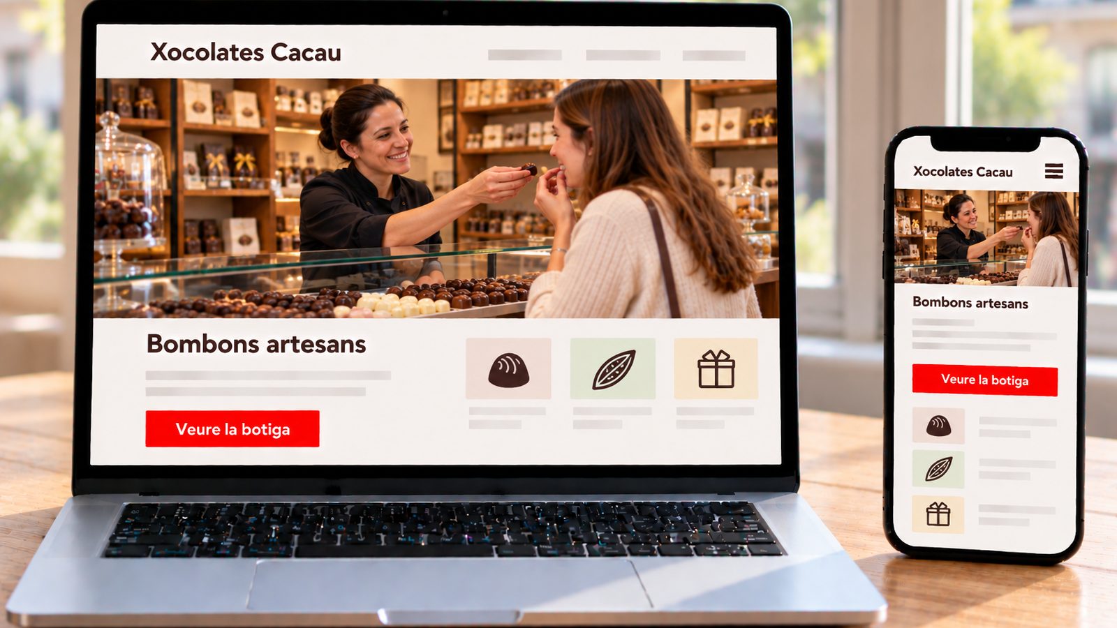 Un ordinador i un mòbil mostren la web de Xocolates Cacau amb bombons artesans i una xocolatera.