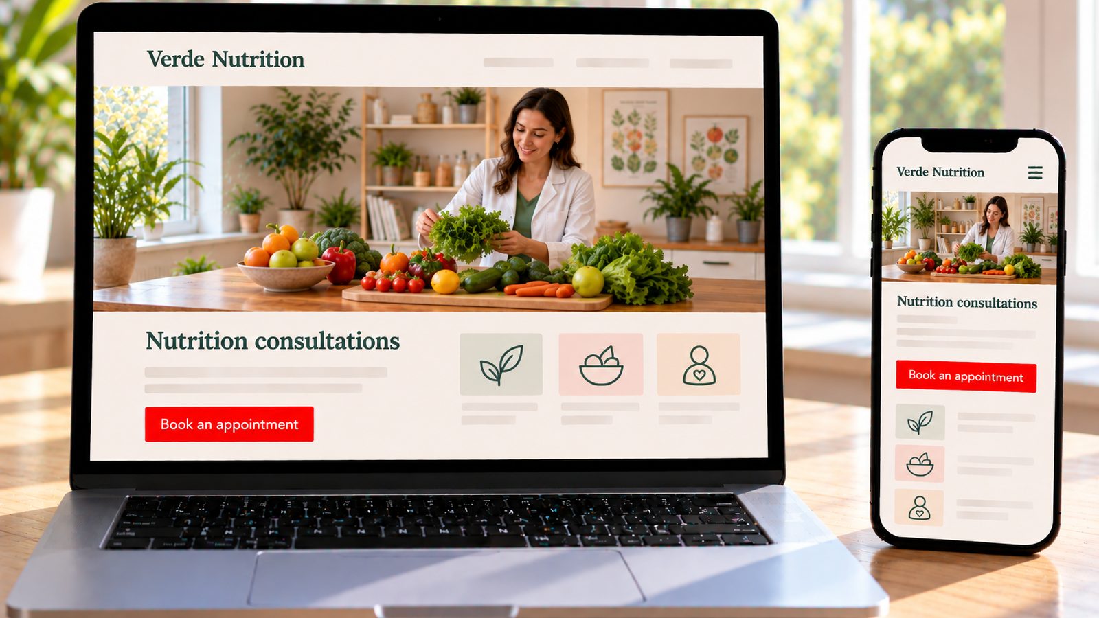 A laptop and smartphone display the Verde Nutrition website with a nutritionist preparing fresh produce.