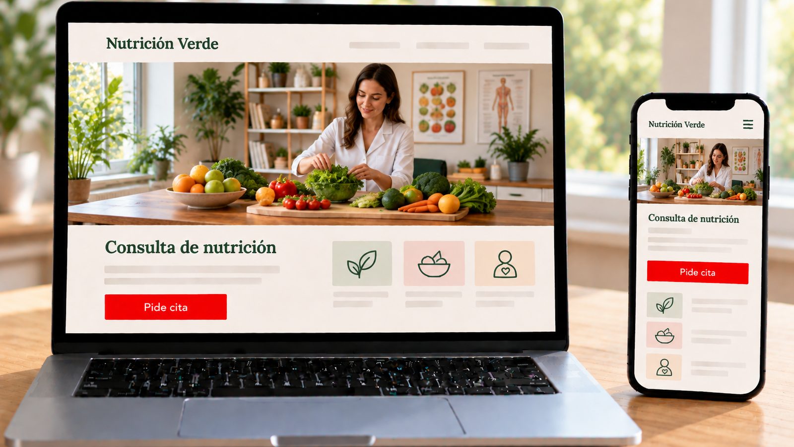 Un portátil y un móvil muestran la web de Nutrición Verde con una nutricionista y alimentos frescos.
