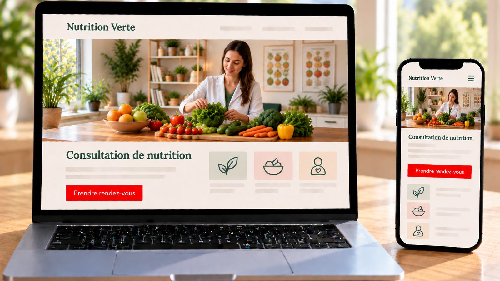 Un ordinateur et un smartphone affichent le site Nutrition Verte avec une nutritionniste préparant des produits frais.