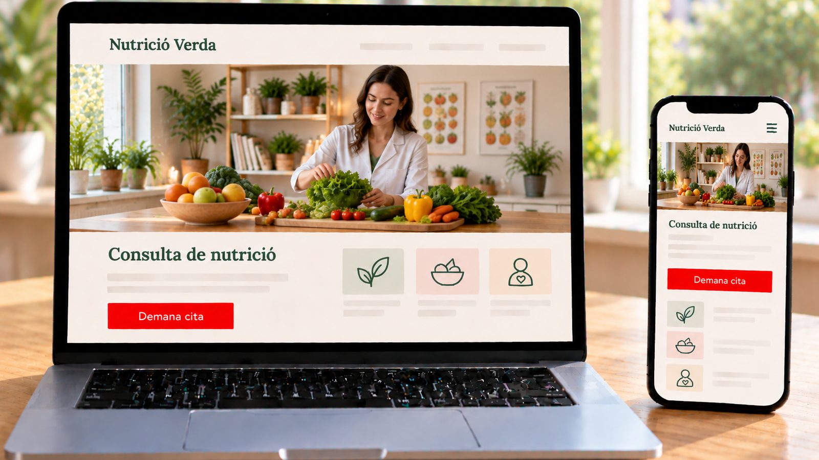 Un portàtil i un mòbil mostren la web de Nutrició Verda amb una nutricionista i aliments frescos.