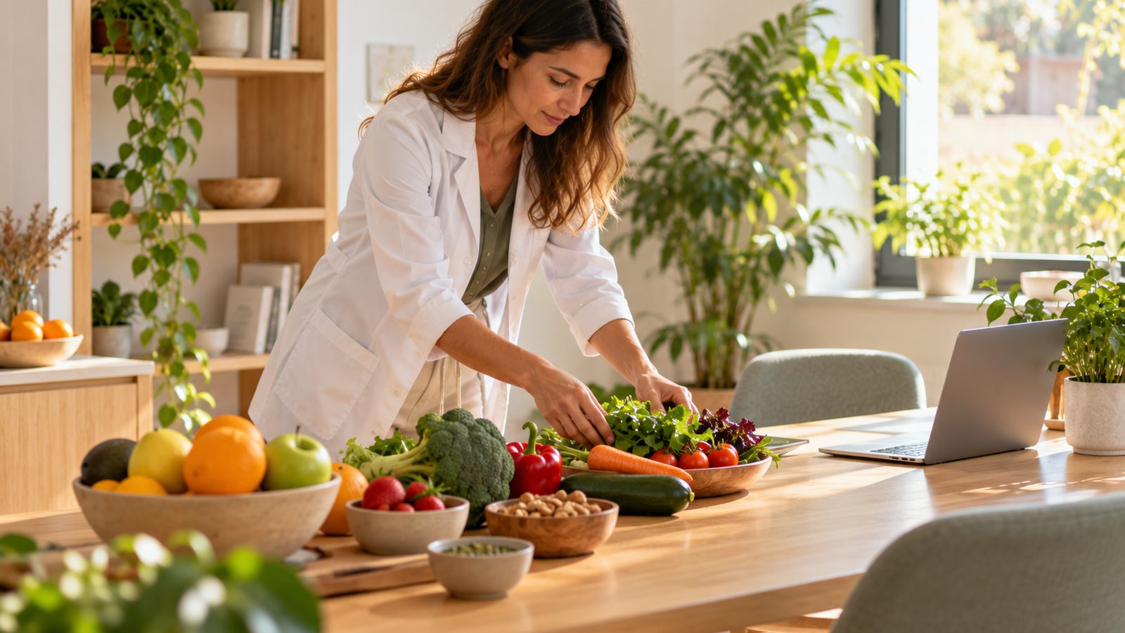 Une nutritionniste dispose des fruits et légumes frais sur la table de son cabinet lumineux, sans patient présent.